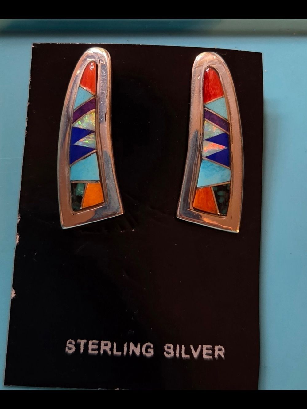 Signed DDC Sterling Turquoise Lapis Spiny Oyster Opal Inlay Post Earrings